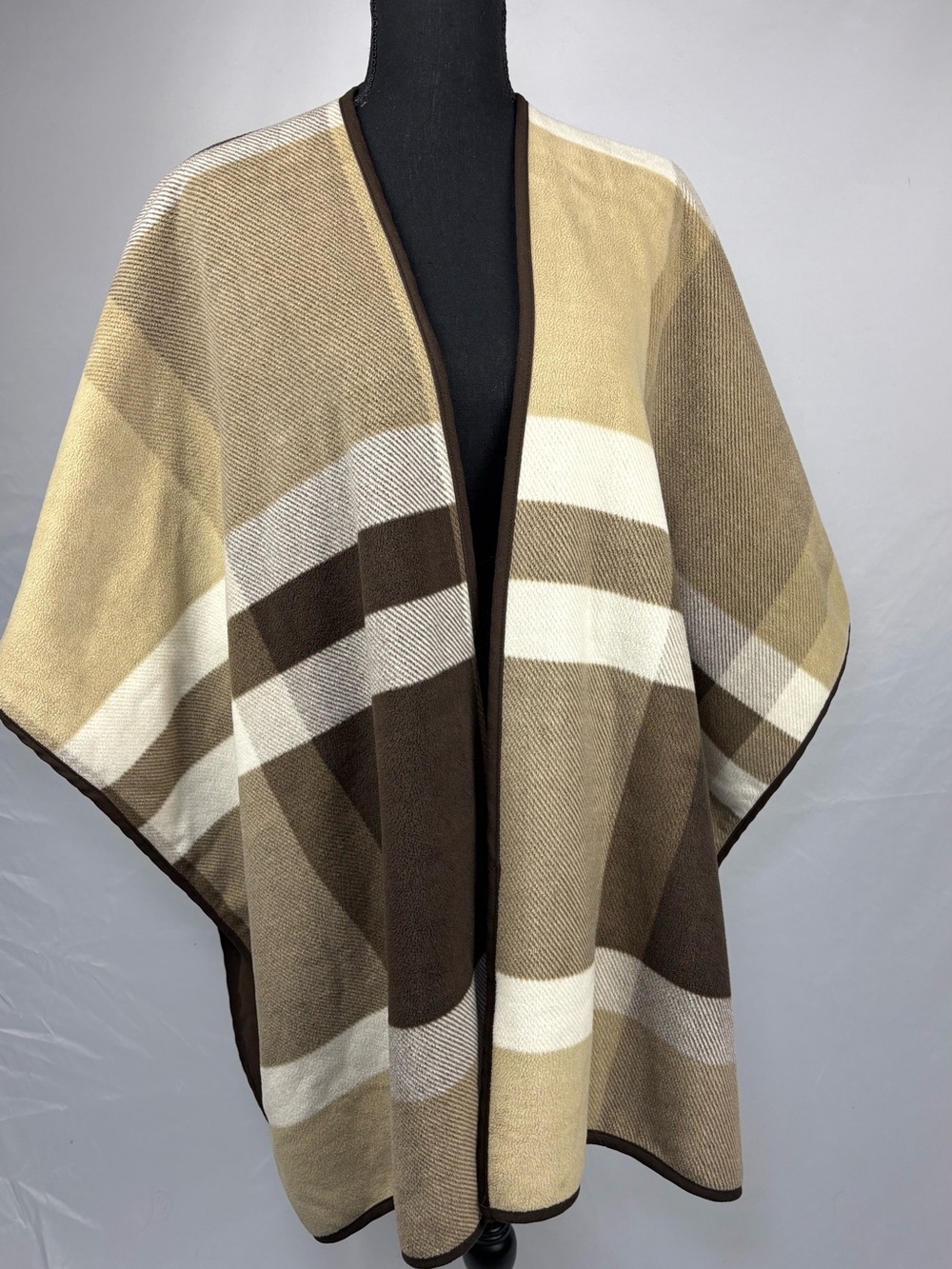 Plaid Open-Front Cape in Cream, Beige and Brown